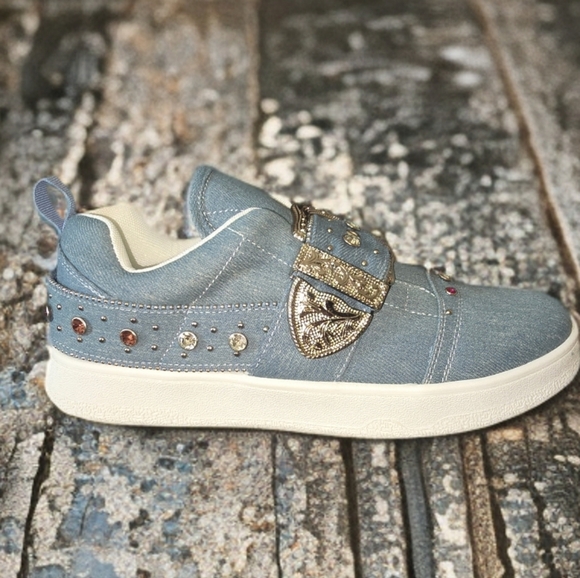 Cape Robbin Shoes - The 'Audra' Women's Sneaker With Decorative Buckle - Denim Sz 9.5-10